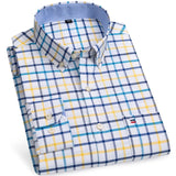 Men's 100% Cotton Long Sleeve Plaid Checkered Shirts Single Patch Pocket Standard-fit Button-down Striped Casual Oxford Shirt aidase-shop