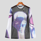 Tops  American Style New Men See-through Mesh  Camiseta Sexy Casual Male Stretch Printing Long Sleeve T-shirts S-5XL aidase-shop