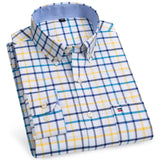 Men's 100% Cotton Long Sleeve Plaid Checkered Shirts Single Patch Pocket Standard-fit Button-down Striped Casual Oxford Shirt aidase-shop