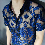 Aidase  2022 Transparent Blue Floral Shirt Masculine Soft Velvet Slim-fit Men's Clothing Nightclub Short-sleeved Sexy Shirt See Through aidase-shop