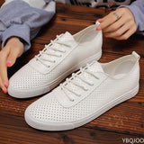 Summer Students Lace-up Sneakers Hollow Breathable Leisure Lazy Shoes Mens White Shoes Flat Shoes For Man aidase-shop