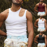 Summer Casual Mens Cut Out Tank Tops Fashion Solid Color Sleeveless T-shirt Hollow Tank Tops Blouse Sexy Man Irregular Tees Tops aidase-shop