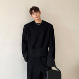 Casual Sports Suit Shoulder Pad Round Collar Pullover Sweatshirt Loose Straight Fold Pants Solid Color Two-piece Set aidase-shop