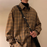 Japanese Retro Handsome Plaid Long Sleeve Shirt For Men In Spring And Autumn Loose Version Of Hong Kong Style Versatile Shirt aidase-shop