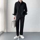 Spring/Summer Pleated Set Men Fashion Social Mens Dress Set Korean Long Sleeve Shirt/Trousers Two Piece Set Men Ice Silk Suit aidase-shop