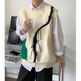 Autumn Sweater Vest Men Fashion Contrast Color V-neck Knitted Pullover Men Korean Loose Sleeveless Sweater Mens Jumper Clothes aidase-shop