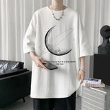 Simple Stroke Moon Graphic Men Tshirt Oversize Letter Print Short Sleeve T-shirt Cotton Male Streetwear Unisex Basic Tops aidase-shop