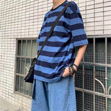 Summer Striped Short-sleeved T-shirt Men Korean Trend Hong Kong Style Letter Printing Lovers Loose Fifth Sleeve Preppy Top aidase-shop