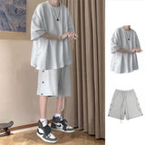 Summer Short Sleeved T-shirt Set Men's Hip Hop Handsome Two-piece Suit Preppy Loose Fitting Split T-shirt Hong Kong Style Shorts aidase-shop