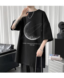 Simple Stroke Moon Graphic Men Tshirt Oversize Letter Print Short Sleeve T-shirt Cotton Male Streetwear Unisex Basic Tops aidase-shop