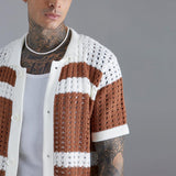 Fashion Striped Patchwork Men's Knit Shirts Summer Short Sleeve Turndown Collar Button Shirt Men Clothes Casual Knitted Top aidase-shop