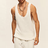 Streetwear Men Clothes Fashion Summer Sleeveless O Neck Straps Knitted Tank Tops Mens Vintage Solid Color Ripped Vest Camisole aidase-shop