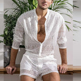 New Arrivals Men Set Summer Sexy See Through Lace Outfits Beach Fashion Short Sleeved Tops And Shorts Mens Two Piece Suits aidase-shop