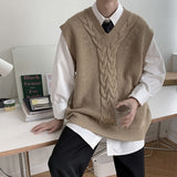 Korean Sweater Vest Men's Fashion Solid Color V-neck Knitted Pullover Men Streetwear Loose Autumn Vest Knitting Sweaters Mens aidase-shop