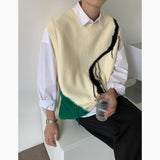 Autumn Sweater Vest Men Fashion Contrast Color V-neck Knitted Pullover Men Korean Loose Sleeveless Sweater Mens Jumper Clothes aidase-shop