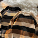 Autumn and Winter Fashion Vintage retro striped sweater men's casual knitted sweater handsome all-match Round Neck Pullover aidase-shop