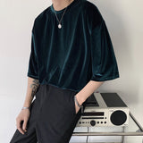 Summer Short-sleeved T-shirt Men Fashion Round Neck Gold Velvet T Shirt Men Streetwear Korean Loose Oversized Tshirt Mens Top aidase-shop