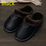 Aidase Men Slippers Black New Winter PU Leather Slippers Warm Indoor Slipper Waterproof Home House Shoes Women Warm Leather Slippers aidase-shop