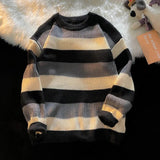 Autumn and Winter Fashion Vintage retro striped sweater men's casual knitted sweater handsome all-match Round Neck Pullover aidase-shop