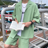 Korean Style Men's Set Suit Jacket and Shorts Solid Thin Short Sleeve Single Pocket Knee-Length Summer Oversized Clothing Man aidase-shop