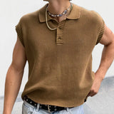 Leisure Solid Knitting Tops Men Sleeveless Buttoned Turn-down Collar Knit Vest Shirts Spring Summer Men's Clothing Fashion aidase-shop