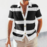 Casual Mens Knitted Shirts Spring Summer Loose Short Sleeve Buttoned Lapel Knit Cardigans Men Clothes Vintage Striped Shirt aidase-shop