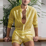 New Arrivals Men Set Summer Sexy See Through Lace Outfits Beach Fashion Short Sleeved Tops And Shorts Mens Two Piece Suits aidase-shop