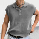 Leisure Solid Knitting Tops Men Sleeveless Buttoned Turn-down Collar Knit Vest Shirts Spring Summer Men's Clothing Fashion aidase-shop