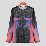 Fashion Men T Shirt Printing O-neck Long Sleeve Mesh Transparent Streetwear Casual Camisetas Sexy Men Undershirt aidase-shop