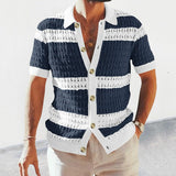 Casual Mens Knitted Shirts Spring Summer Loose Short Sleeve Buttoned Lapel Knit Cardigans Men Clothes Vintage Striped Shirt aidase-shop