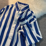 Blue white striped shirt women's spring autumn loose retro classical blouse niche designer long-sleeved shirts men elegant wear aidase-shop