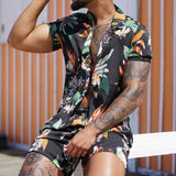 New Men's Hawaiian Print Lapel Short Sleeve Shirt Set Summer Men's Fashion Beach Print Quick-drying Shorts Set Two-piece S-3XL aidase-shop