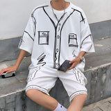 Men Cute Graffiti Sports Set Men Women's Summer Casual Workwear Ice Silk Short Sleeve T-shirt Shorts Two Piece Suits aidase-shop