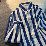 Blue white striped shirt women's spring autumn loose retro classical blouse niche designer long-sleeved shirts men elegant wear aidase-shop