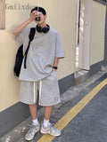 Summer Unisex Asual Suit Men's Hong Kong Style Short SleeveT-shirt Korean Streetwear Casual Preppy Shorts Two Piece Set aidase-shop