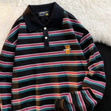 American vinatge striped shirt bear embroidery lapel  shirt men women early spring high street Hong Kong style sweatshirt aidase-shop