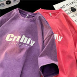 Letter Graphic Acid Washed Women T-shirts Vintage Loose Short Sleeve Female 5XL Tshirt Korean Basic Unisex Clothing aidase-shop