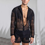 New Arrivals Men Set Summer Sexy See Through Lace Outfits Beach Fashion Short Sleeved Tops And Shorts Mens Two Piece Suits aidase-shop