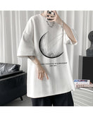 Simple Stroke Moon Graphic Men Tshirt Oversize Letter Print Short Sleeve T-shirt Cotton Male Streetwear Unisex Basic Tops aidase-shop