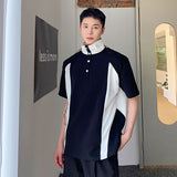 Shoulder Pad T-shirts Men's Trendy Korean Casual Stand Collar Tee Drawstring Contrast Color Short Sleeve Pullover aidase-shop