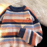 Harajuku Streetwear Daisy Rainbow Striped Vintage Knitted Sweater Autumn Winter Loose Thicken Warm Hip Hop Pullover Sweater Men aidase-shop