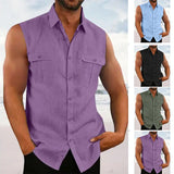 Leisure Men's Cotton Linen Tank Tops Spring Summer Casual Solid Color Buttoned Lapel Sleeveless Vest Shirt Fashion Camisole aidase-shop