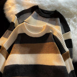 Autumn and Winter Fashion Vintage retro striped sweater men's casual knitted sweater handsome all-match Round Neck Pullover aidase-shop