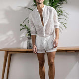 New Arrivals Men Set Summer Sexy See Through Lace Outfits Beach Fashion Short Sleeved Tops And Shorts Mens Two Piece Suits aidase-shop