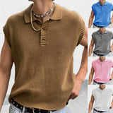 Leisure Solid Knitting Tops Men Sleeveless Buttoned Turn-down Collar Knit Vest Shirts Spring Summer Men's Clothing Fashion aidase-shop