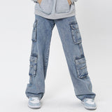 New Cargo Jeans Men's Baggy Straight American Hip Hop Denim Wide Leg Blue Pants Man Street Y2k Large Pocket Work Trousers aidase-shop