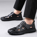 Fashion Mens Genuine Leather Sandals Summer Flat Soft Cow Leather Male Footwear Thick Sole Brand Black Casual Shoes A4636 aidase-shop