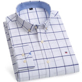 Men's 100% Cotton Long Sleeve Plaid Checkered Shirts Single Patch Pocket Standard-fit Button-down Striped Casual Oxford Shirt aidase-shop