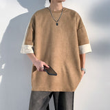 New Summer Suede Men's Casual Loose T-shirt Color Block Korean Trend Y2k Tops Male Round Collar Light Thin Tees aidase-shop