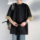 New Summer Suede Men's Casual Loose T-shirt Color Block Korean Trend Y2k Tops Male Round Collar Light Thin Tees aidase-shop